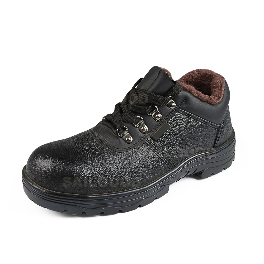 020 Black Embossed Cowhide Cotton Safety Shoes with Steel Toe and Steel Plate