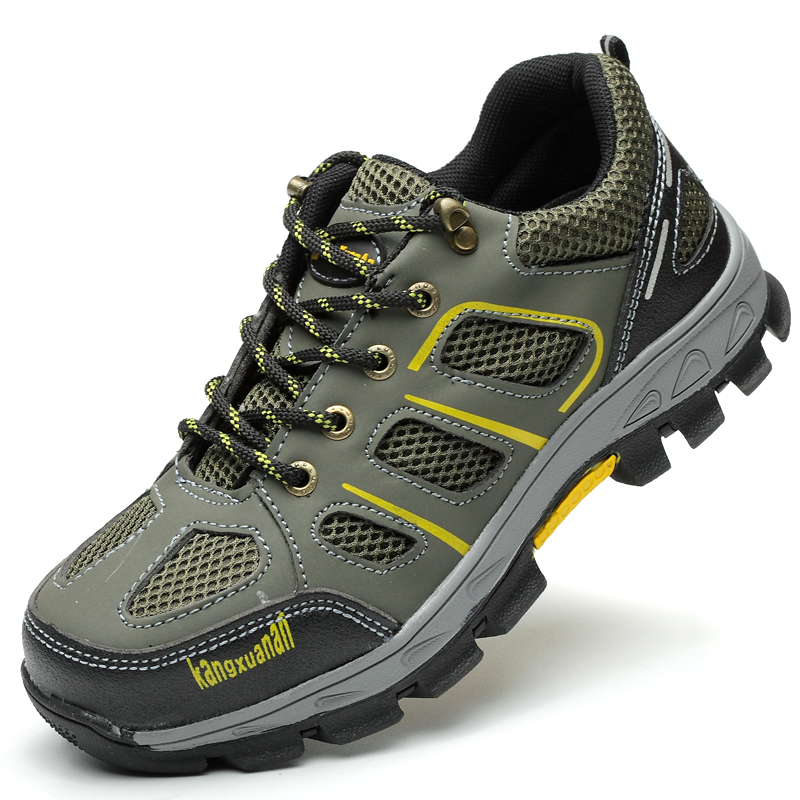 803 Army Green Space Leather Mesh Safety Shoes with Steel Toe and Steel Plate